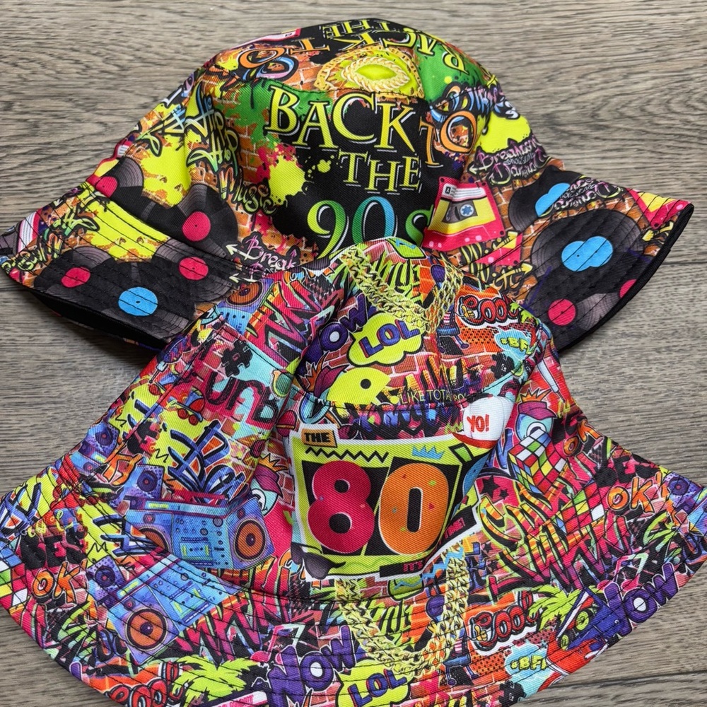 Colorful Retro 80s and 90s Themed Bucket Hat